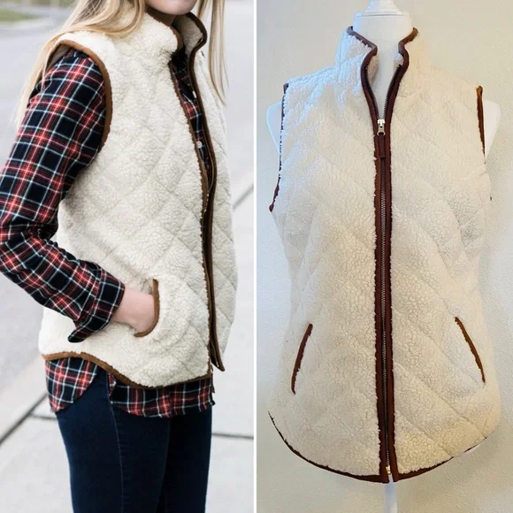 Old Navy Cream Sherpa Vest with Brown Trim - Picture 1 of 10